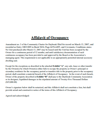 Affidavit of Occupancy Example