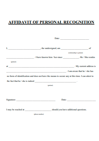 Affidavit of Personal Recognition