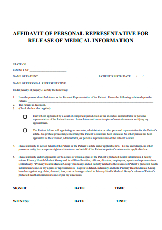 Affidavit of Personal Representative For Release of Medical Information
