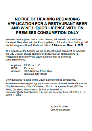 Application For Restaurant Beer and Wine Notice