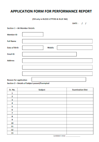 Application Form of Performance Report