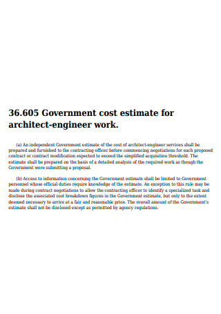 Architect Engineer Work Cost Estimate