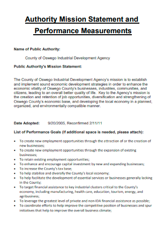 Authority Mission Statement and Performance Measurements