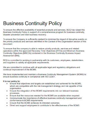 Basic Business Continuity Policy