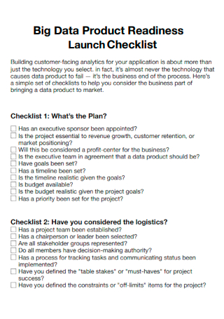 Big Data Product Readiness Launch Checklist