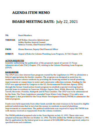 Board Meeting Agenda Memo