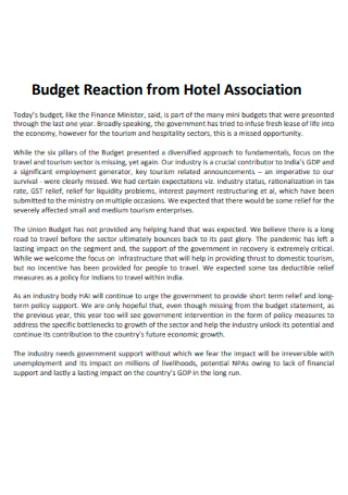 Budget Reaction from Hotel Association