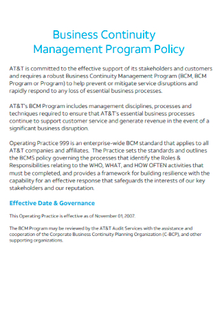 Business Continuity Management Program Policy