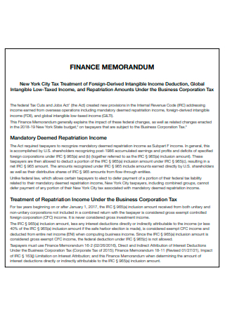 Business Corporation Tax Finance Memorandum