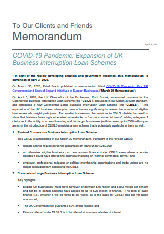 Business Interruption Loan Scheme Memorandum
