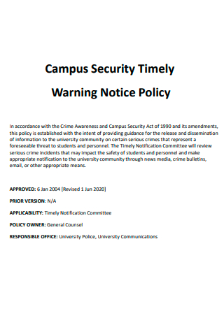 Campus Security Timely Warning Notice Policy