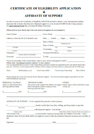 Certificate of Eligibility Application Affidavit of Support