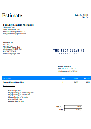 Cleaning Estimate Example