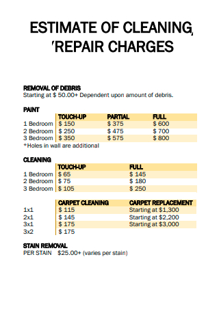 Cleaning Repair Charges Estimate