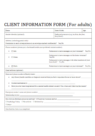 Client Information Form for Adults