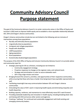 Community Advisory Council Purpose statement