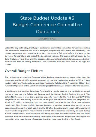 Conference Committee Budget Update