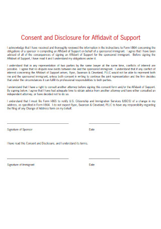 Consent and Disclosure for Affidavit of Support