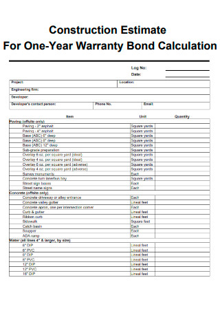 Construction Estimate For One Year Warranty Bond Calculation