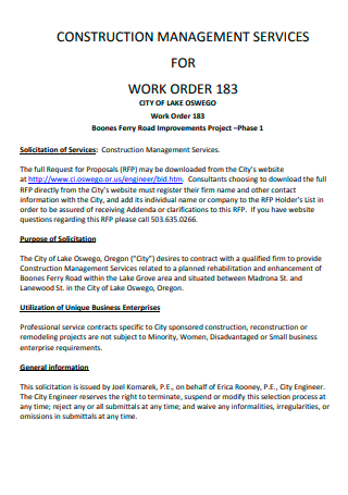 Construction Management Services Work Order