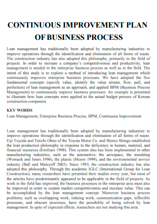 Continuous Improvement Plan of Business Process