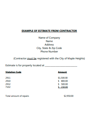Contractor Estimate Example