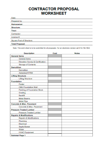 Contractor Proposal Worksheet