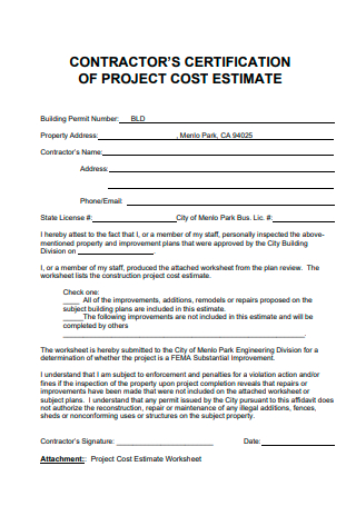 Contractors Certification of Project Cost Estimate