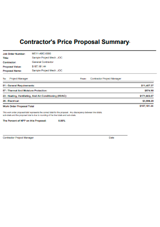 Contractors Price Proposal Summary