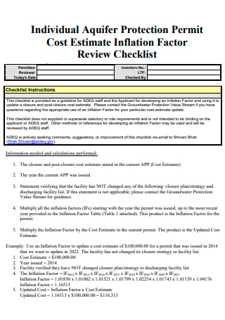 Cost Estimate Inflation Factor Review Checklist