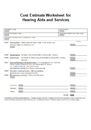 Cost Estimate Worksheet for Hearing Aids and Services