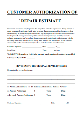 Customer Authorization of Repair Estimate