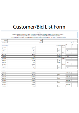 Customer Bid List Form