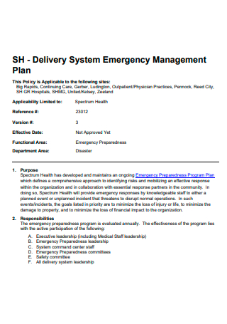 Delivery System Emergency Management Plan