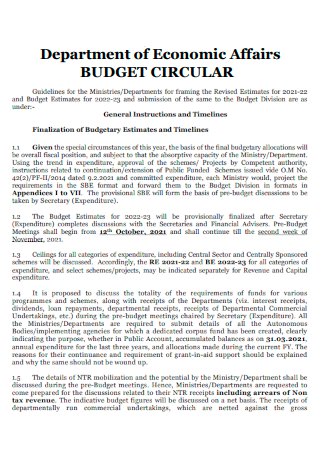 Department of Economic Affairs Budget Circular