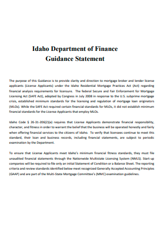 Department of Finance Guidance Statement