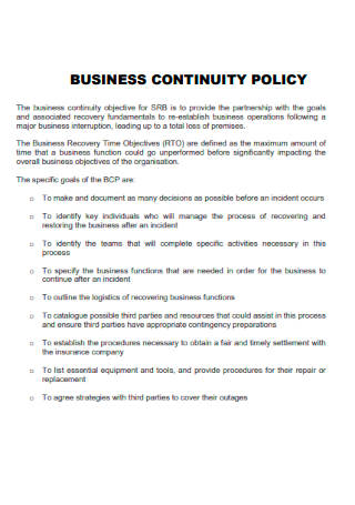 Editable Business Continuity Policy