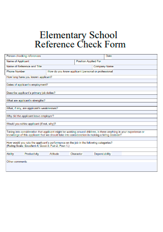Elementary School Reference Check Form