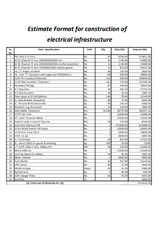 Estimate Format for Construction of Electrical Infrastructure
