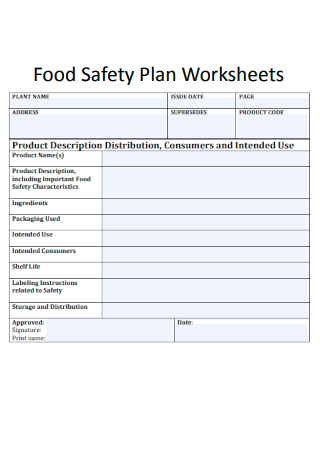 Food Safety Plan Worksheets