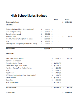 High School Sales Budget