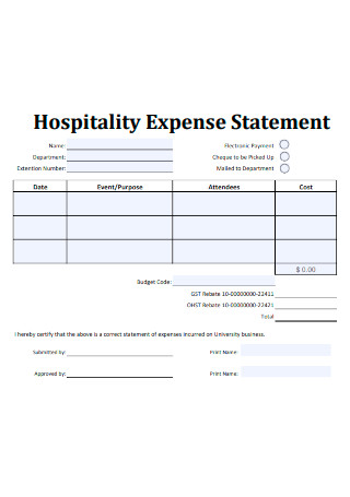 Hospitality Expense Statement