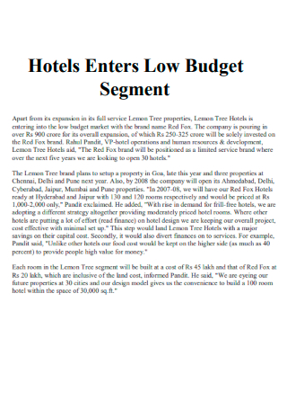 Hotels Enters Low Budget Segment