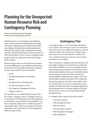 Human Resource Risk and Contingency Planning