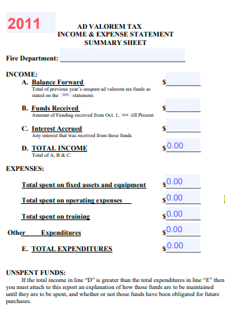 Income and Expense Statement Summary Sheet