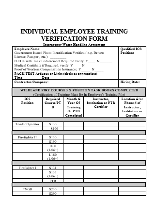 Individual Employee Training Verification Form