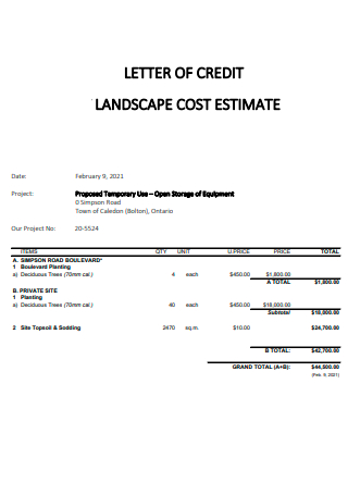 Landscape Cost Estimate