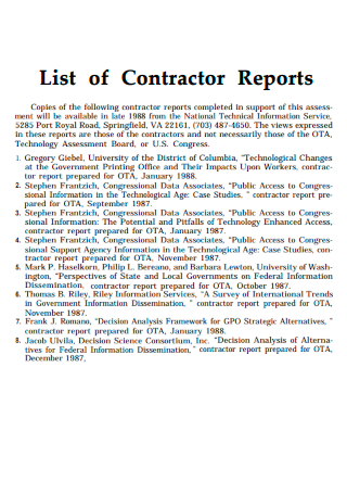 List of Contractor Reports