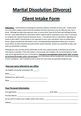 Marital Dissolution Client Intake Form