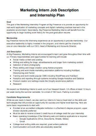 Marketing Intern Job Description and Internship Plan